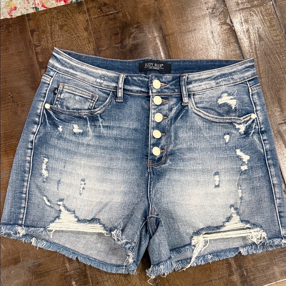 Judy Blue Button-Fly Distressed Jean Shorts - Blue